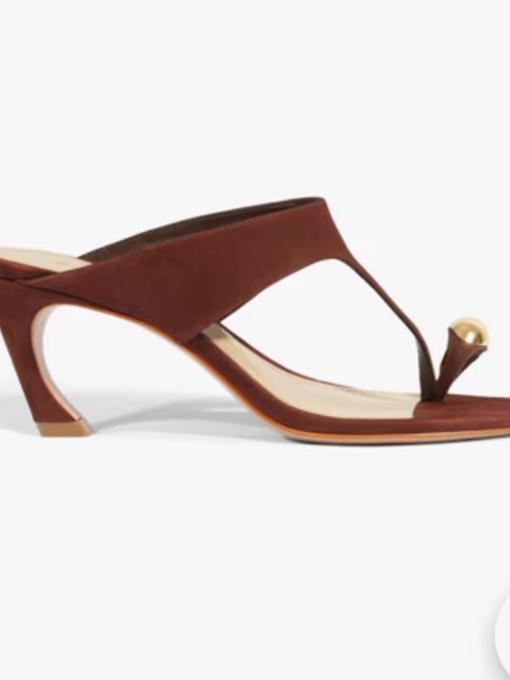 SCHUTZ Brown Suede Thong Mule with Gold Orb
